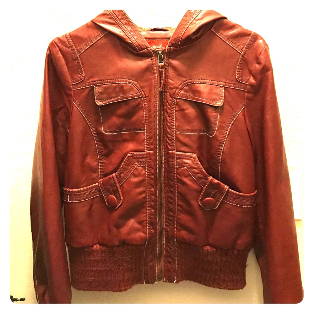 Red leather jacket with hood