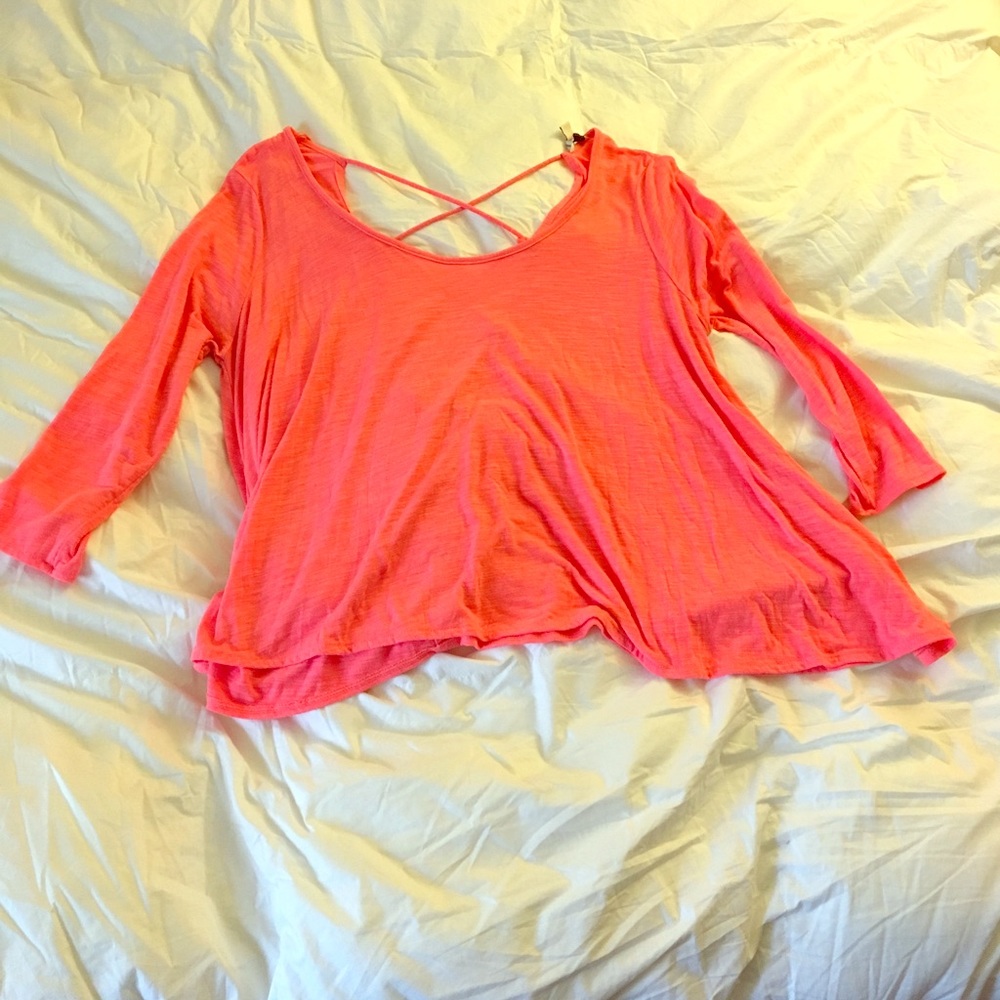 Scoop-neck Pink AE top with cross-cross back