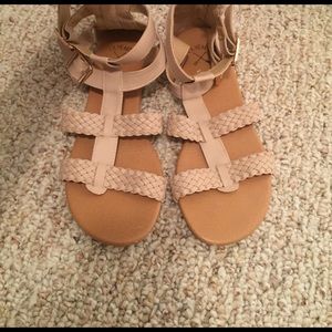 Blush pink sandals with ankle straps