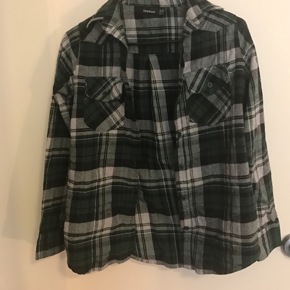 Green button down plaid flannel shirt