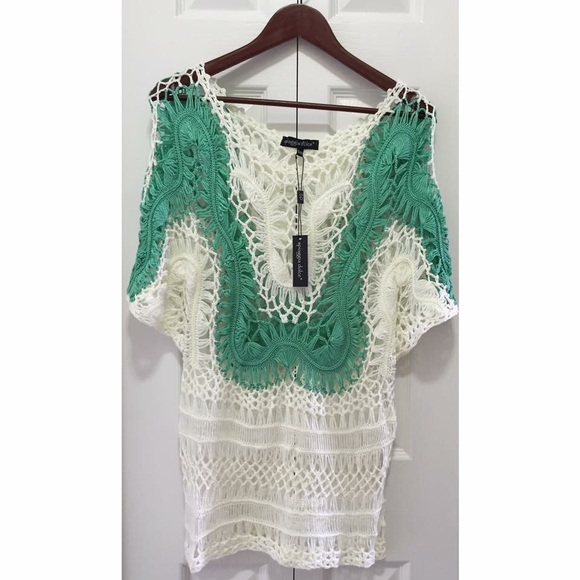 Ivory & Seafoam Knit Crochet Tunic - Swim Cover Up - Picture 3 of 4