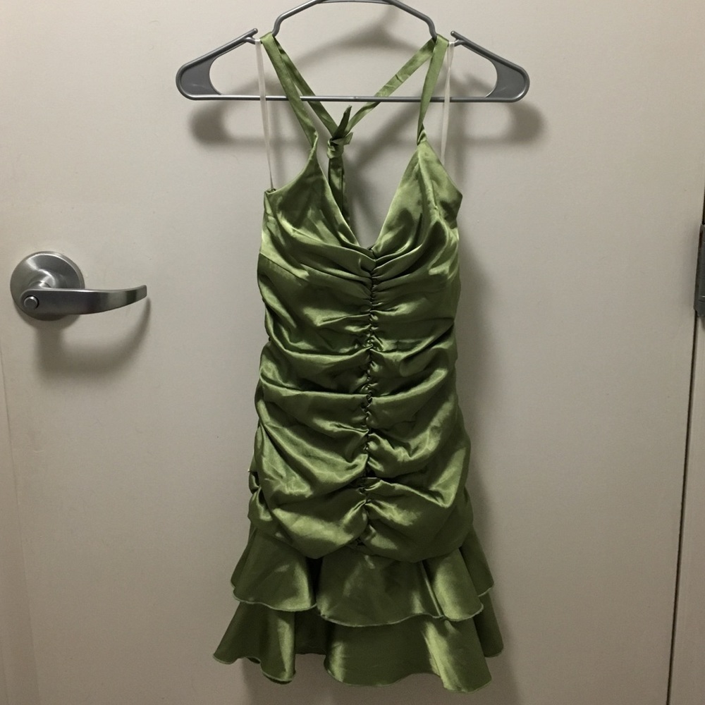 Jessica McClintock Olive green satin halter dress