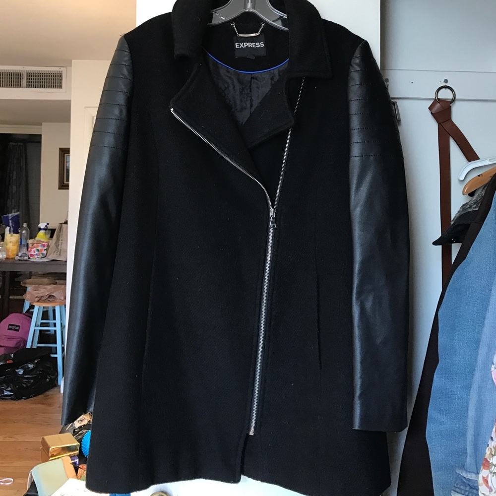 Express faux leather sleeve asymmetrical zip coat