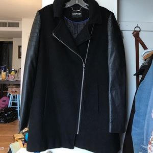 Express faux leather sleeve asymmetrical zip coat