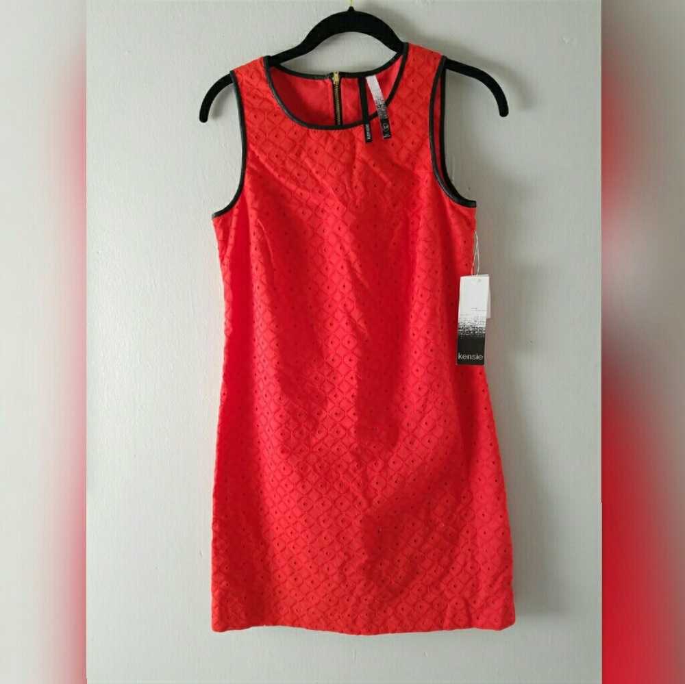 Kensie Red Eyelet Lace Dress black Leather Trim