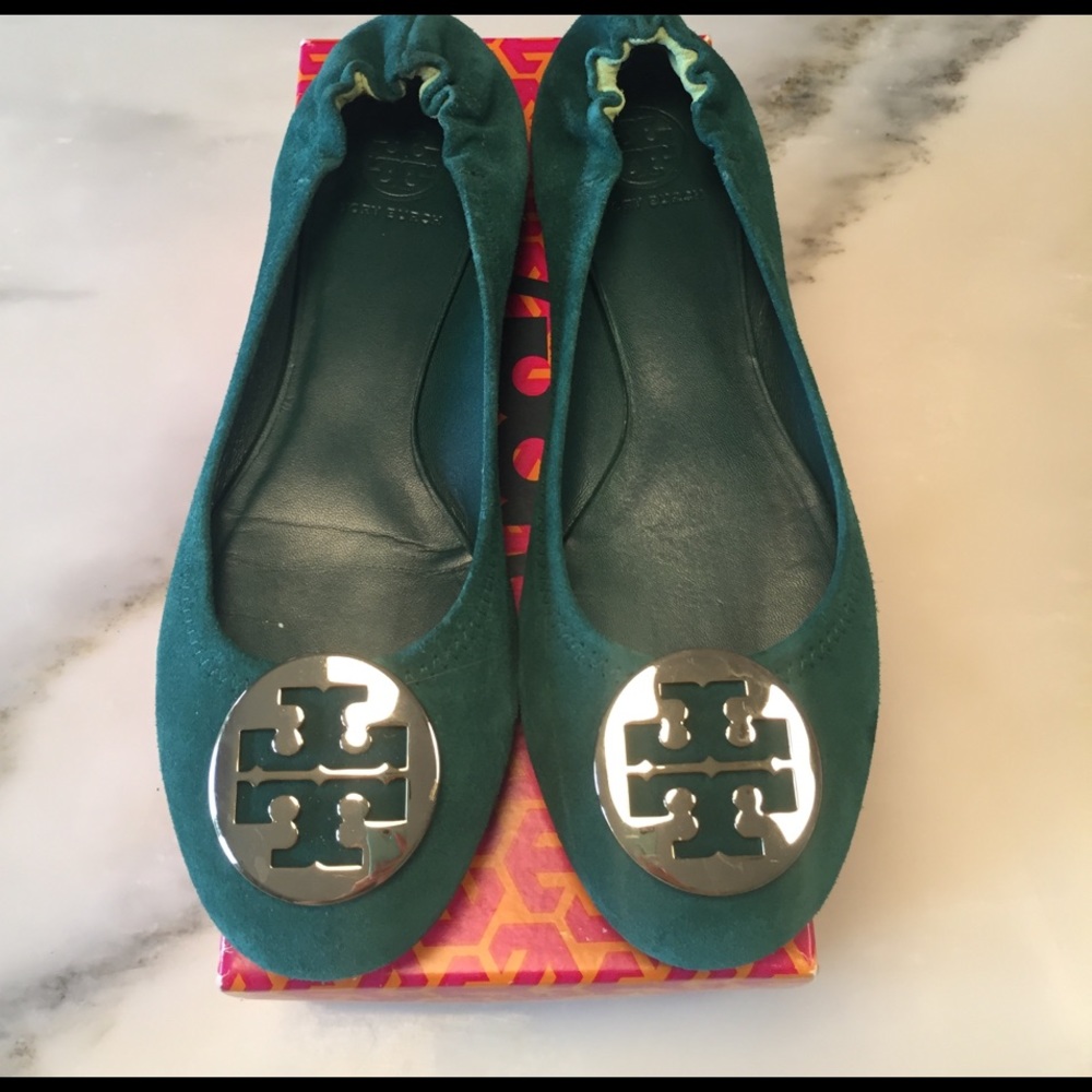 Tory Burch green suede Reva flats