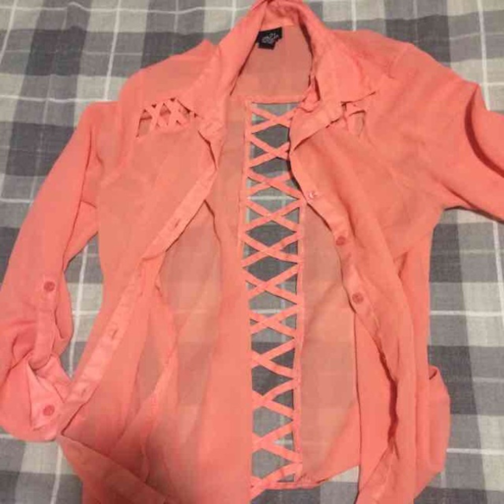 sheer salmon/coral button down blouse