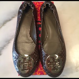 Tory Burch Reva embossed chocolate leather flats