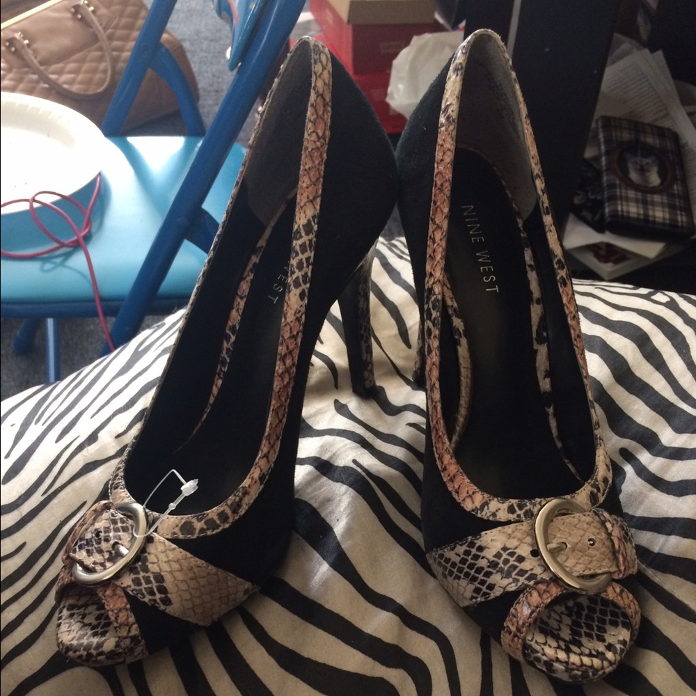 Snake skin open toe heels