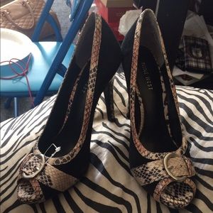 Snake skin open toe heels