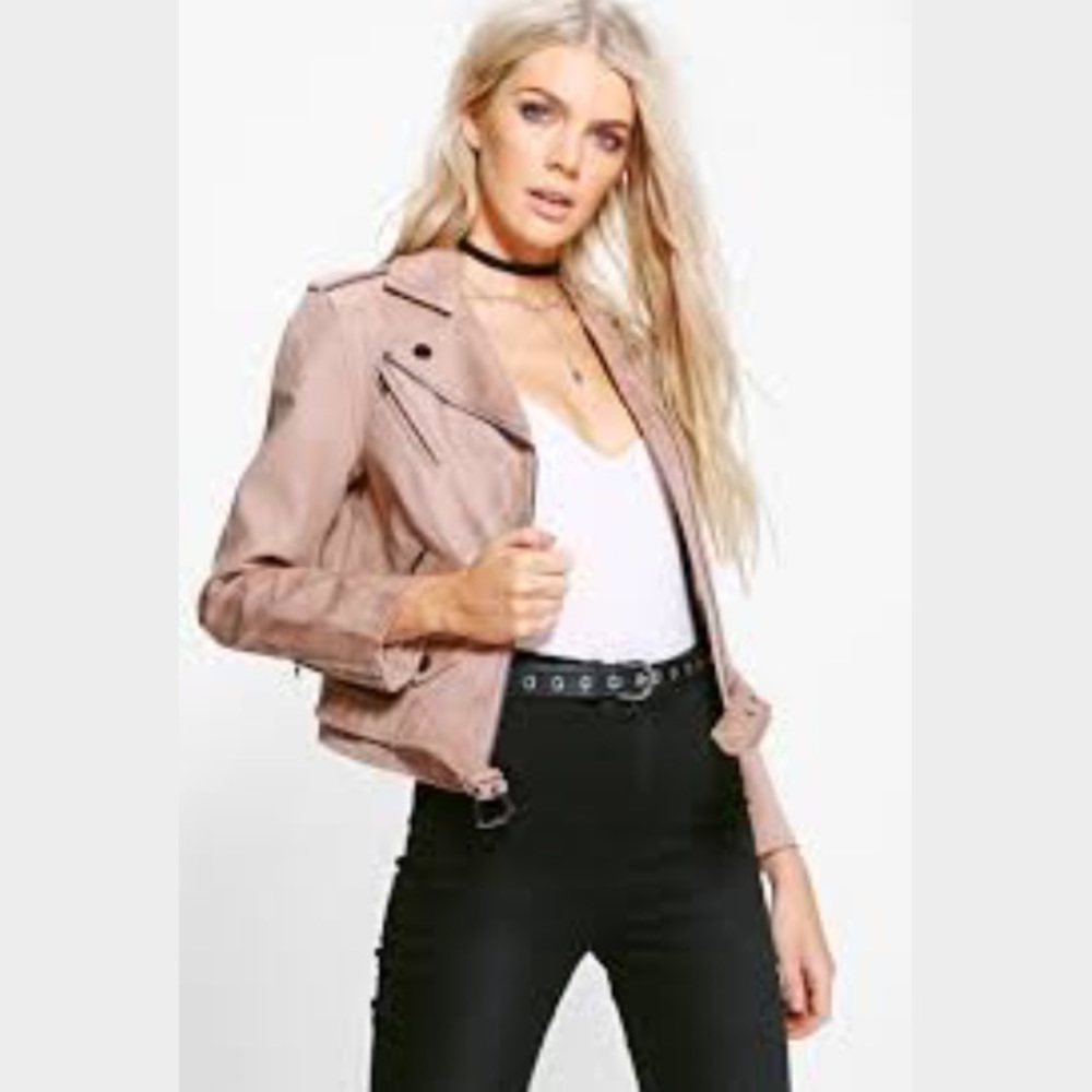 NTW BOOHOO Faux Suede Biker Jacket Beige Pink