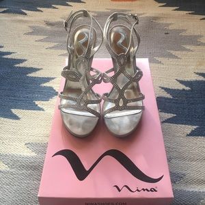 Nina silver satin evening shoes