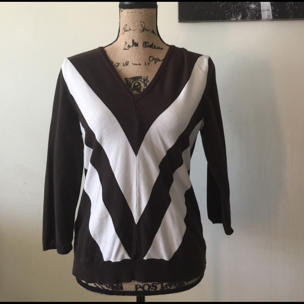 Ralph Lauren V-Neck Top Sweater Brown and White
