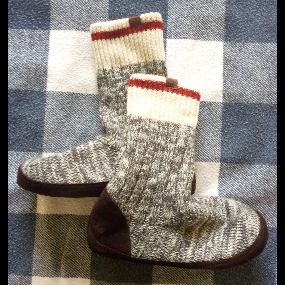 Roots Heather Grey Cream Brown Slippers Red Stripe - Picture 1 of 3