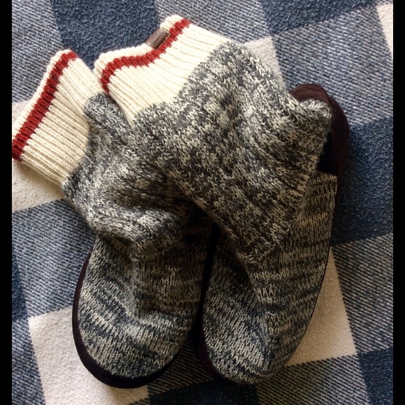 Roots Heather Grey Cream Brown Slippers Red Stripe - Picture 2 of 3