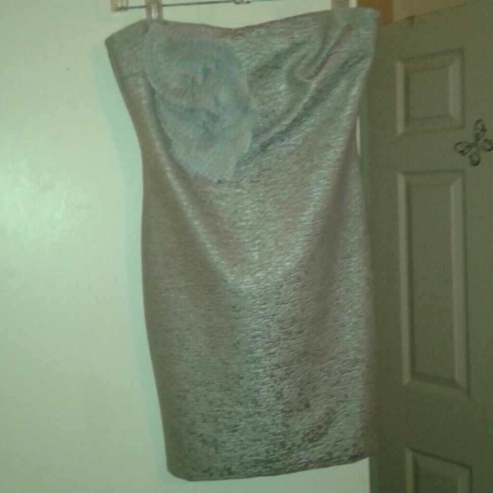 Vintage YA silver dress straples flower on chest. Both Classy & Sexy!