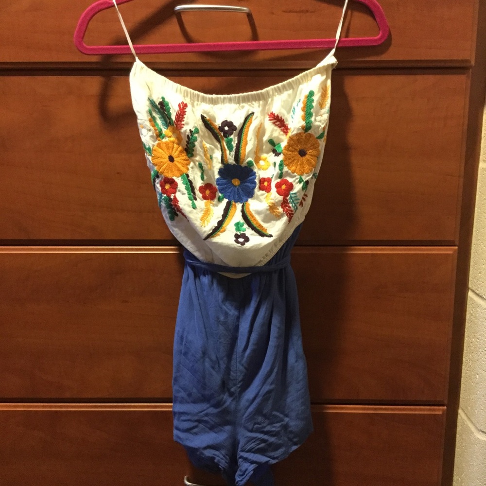 Floral blue strapless romper | Francesca's