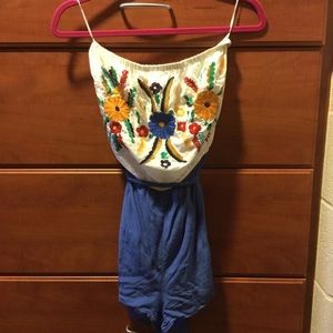 Floral blue strapless romper | Francesca's