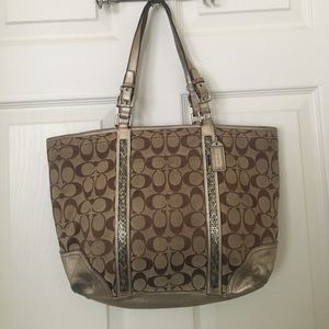 Coach Signature Tote w/ Gold Metallic Leather Trim