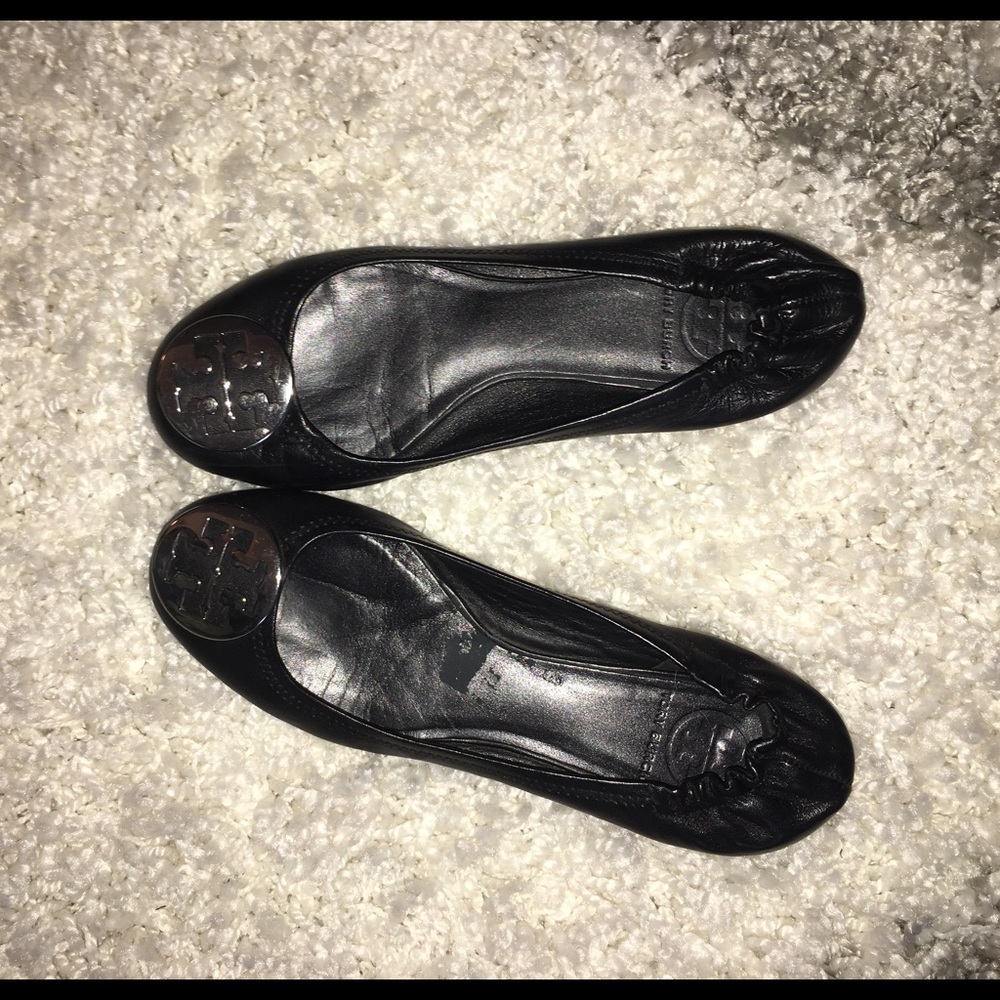 Tory Burch black leather flats with silver metal