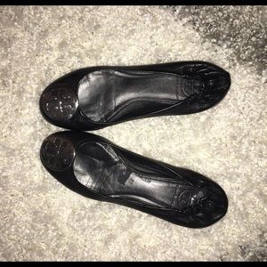 Tory Burch black leather flats with silver metal