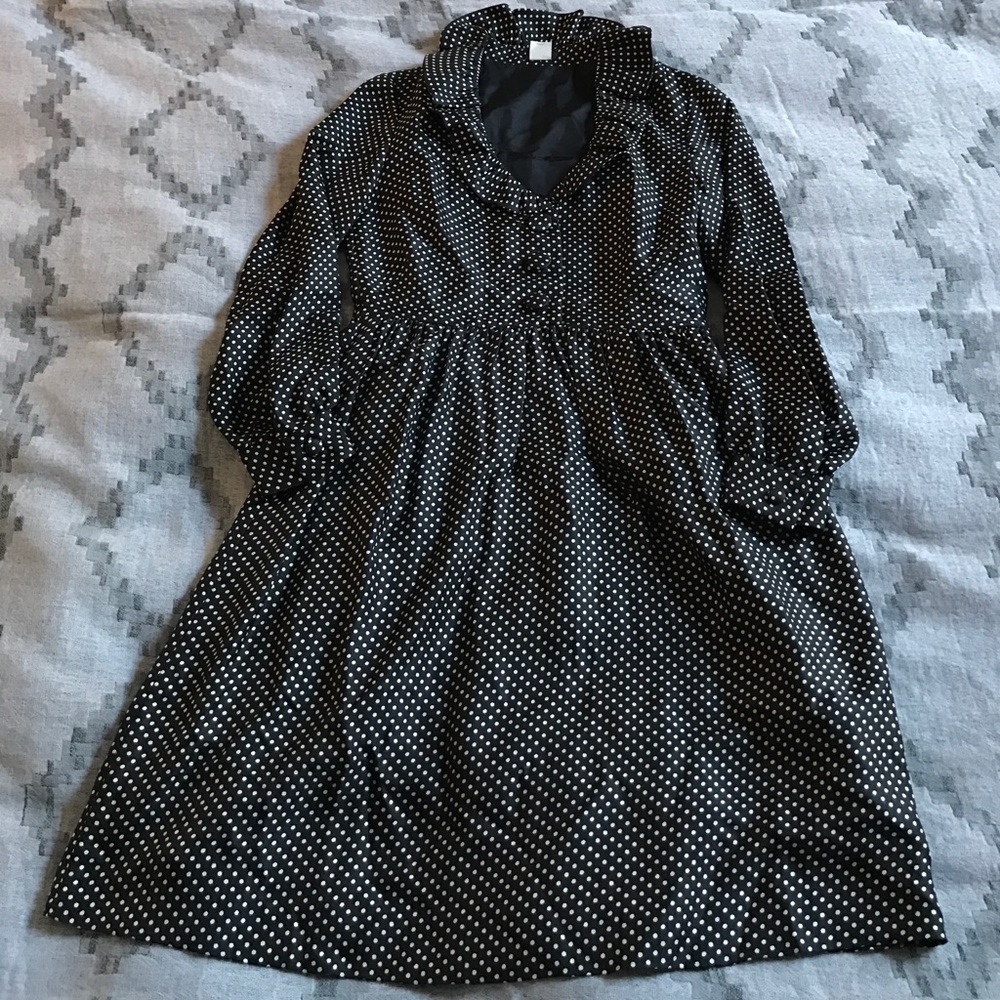 Polka dot silk ruffle neck long sleeve dress