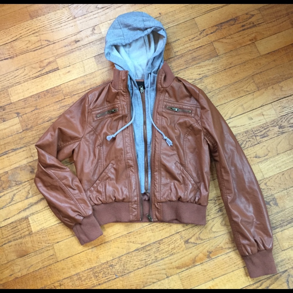 Faux leather w/hoodie look jacket