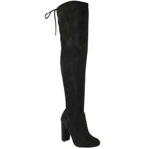 Black faux suede thigh high boots