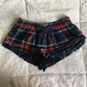 Navy blue red green plaid, ruffled, bow, pj shorts