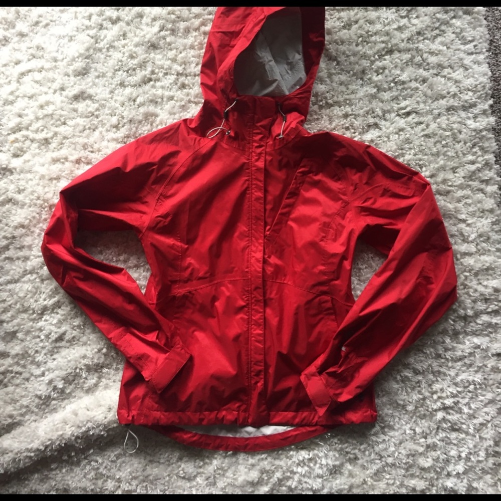 Red Eddie Bauer rain jacket