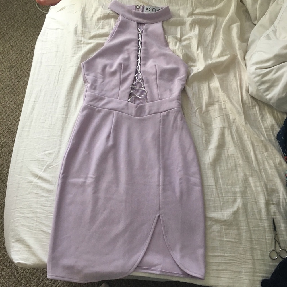 Xenia purple lace-up bodycon high neck dress