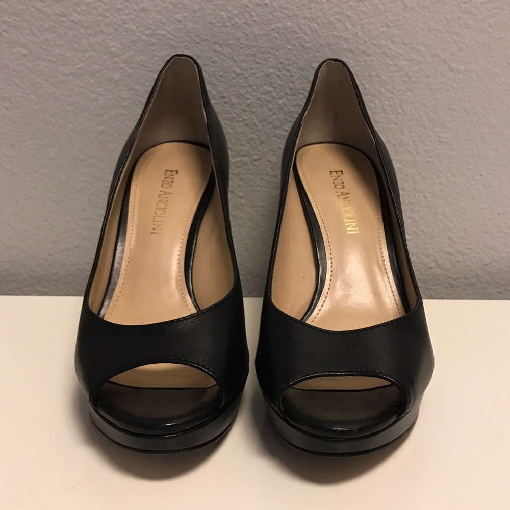 Black, leather, peep toe pumps