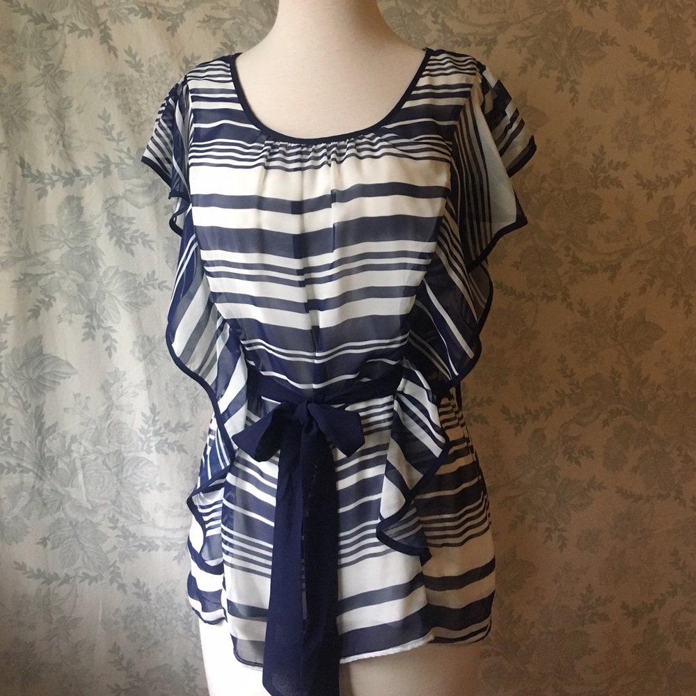 Navy and White striped top flutter sleeves