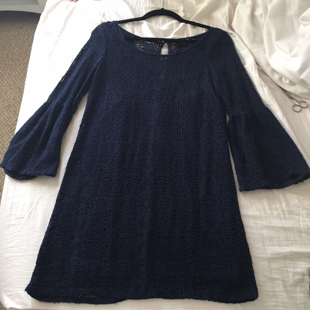 Navy blue lace bell sleeve shift dress