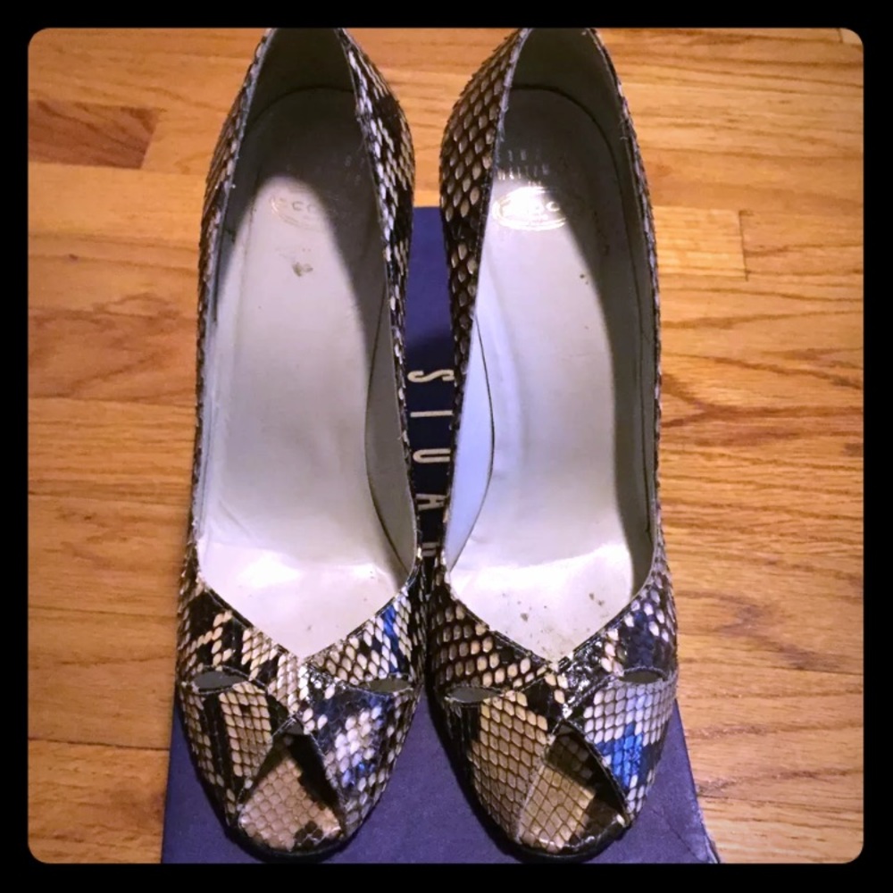 Stuart Weitzman snakeskin peep toe pumps