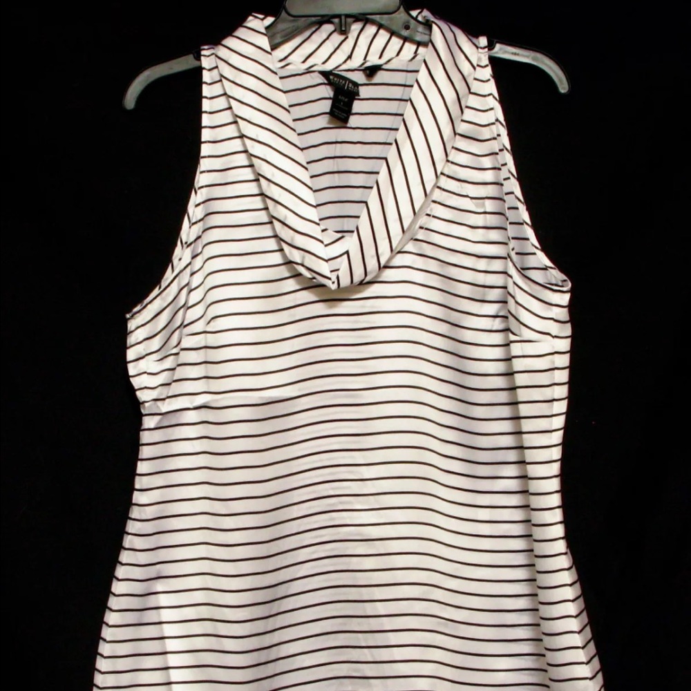 WHBM White, black pinstriped, silk blouse. NWOT
