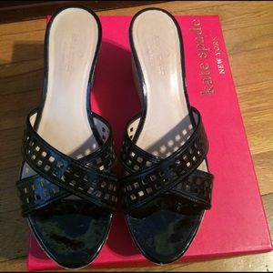Kate Spade black patent cork wedge