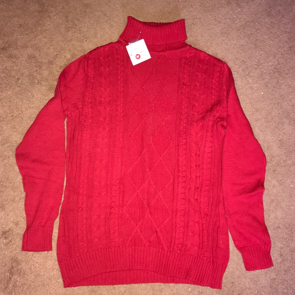 Red turtleneck sweatshirt