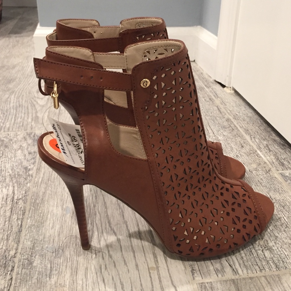 Guess Brown Caged Open toe/back heels- NEW