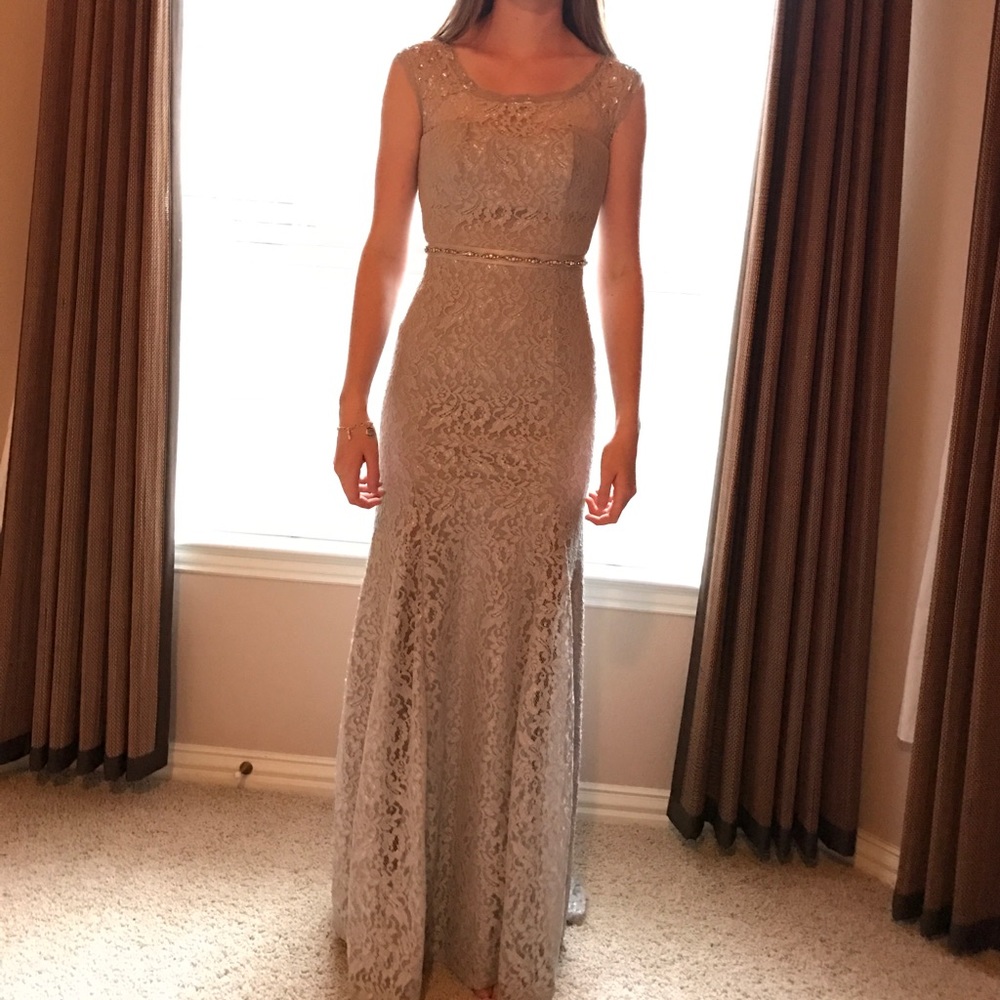 Sliver lace prom dress with rhinestones