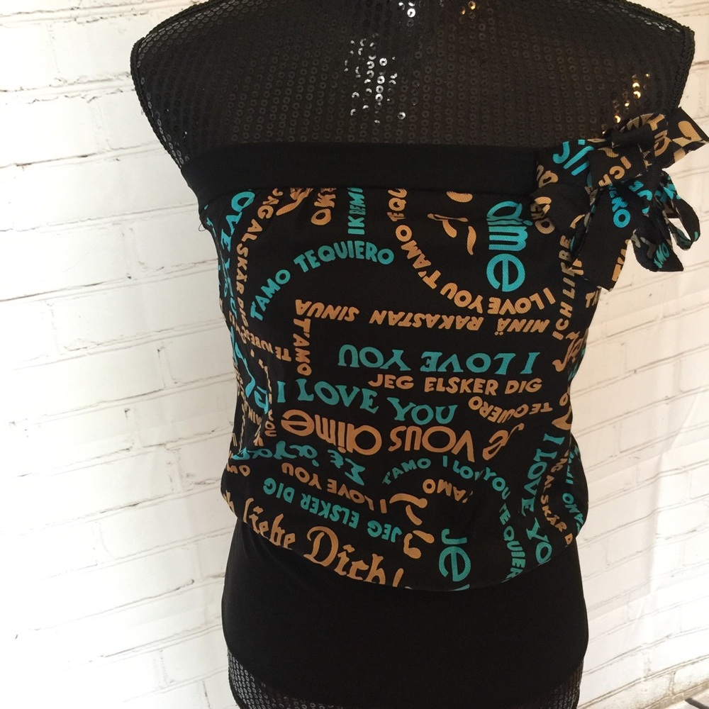 Silk Trina Turk tube top black teal gold
