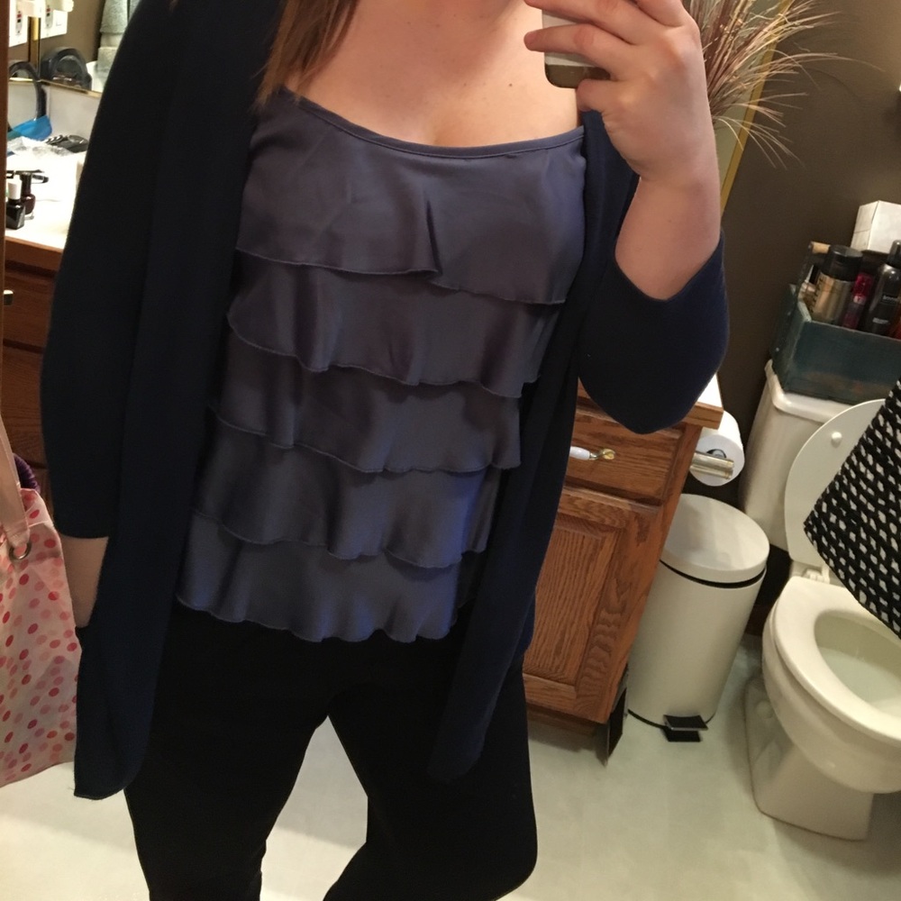 Navy sweater with built in blue/gray ruffle tank