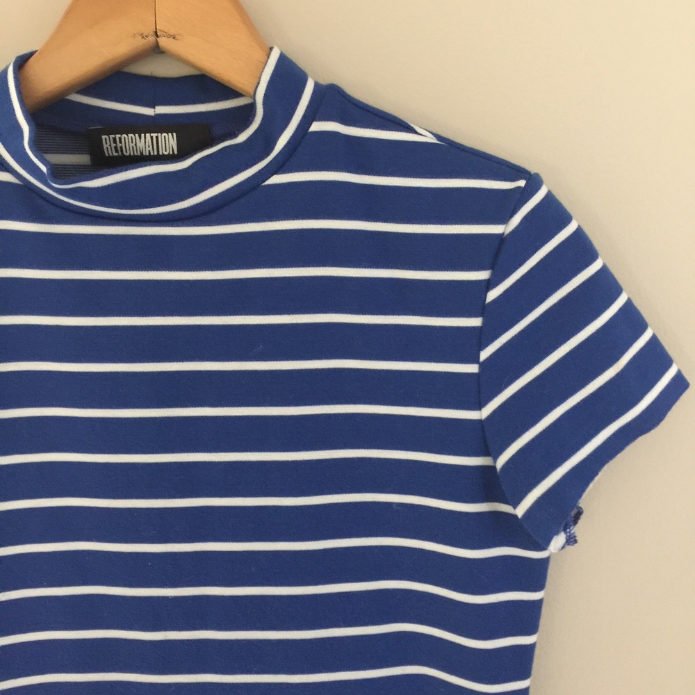 Nautical stripe stretch mini dress with mock neck