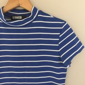 Nautical stripe stretch mini dress with mock neck