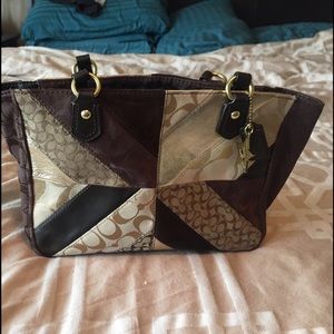 Brown and gold patchwork coach shoulder bag