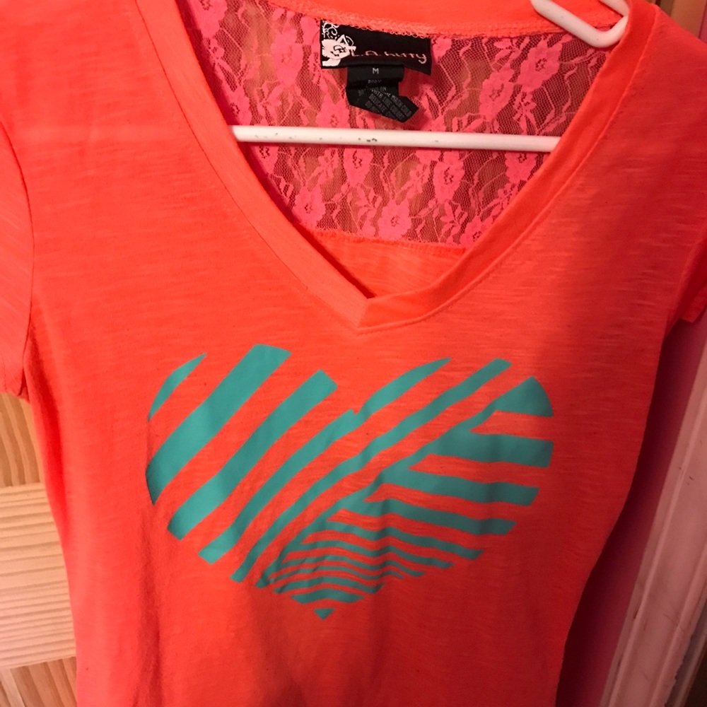 L.A.Kitty coral and teal heart design shirt.