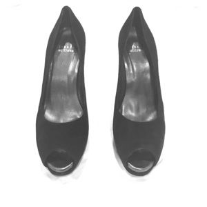 Stuart Weitzman Black Suede Peep-Toe Heels, Sz. 7