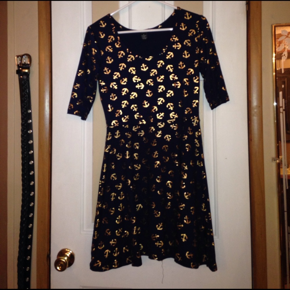 Navy blue dress with gold anchors