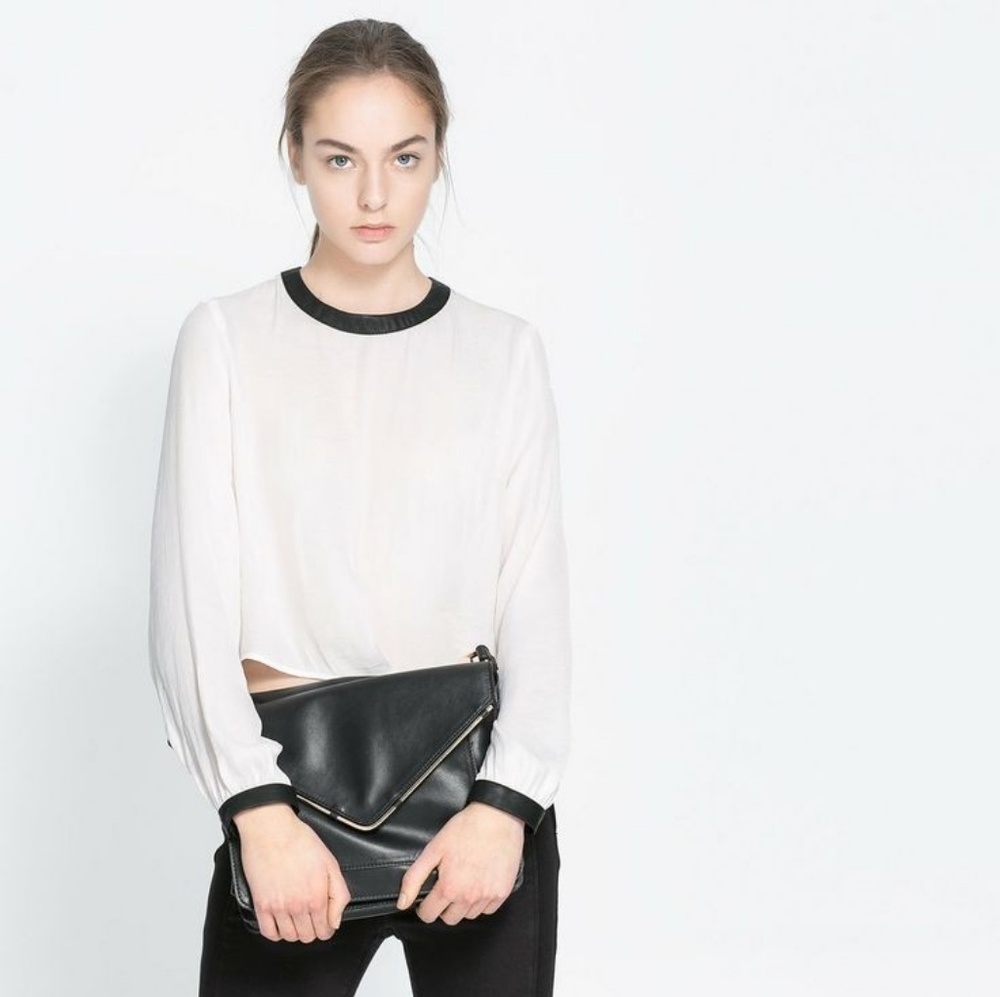 Zara white top with faux leather neck