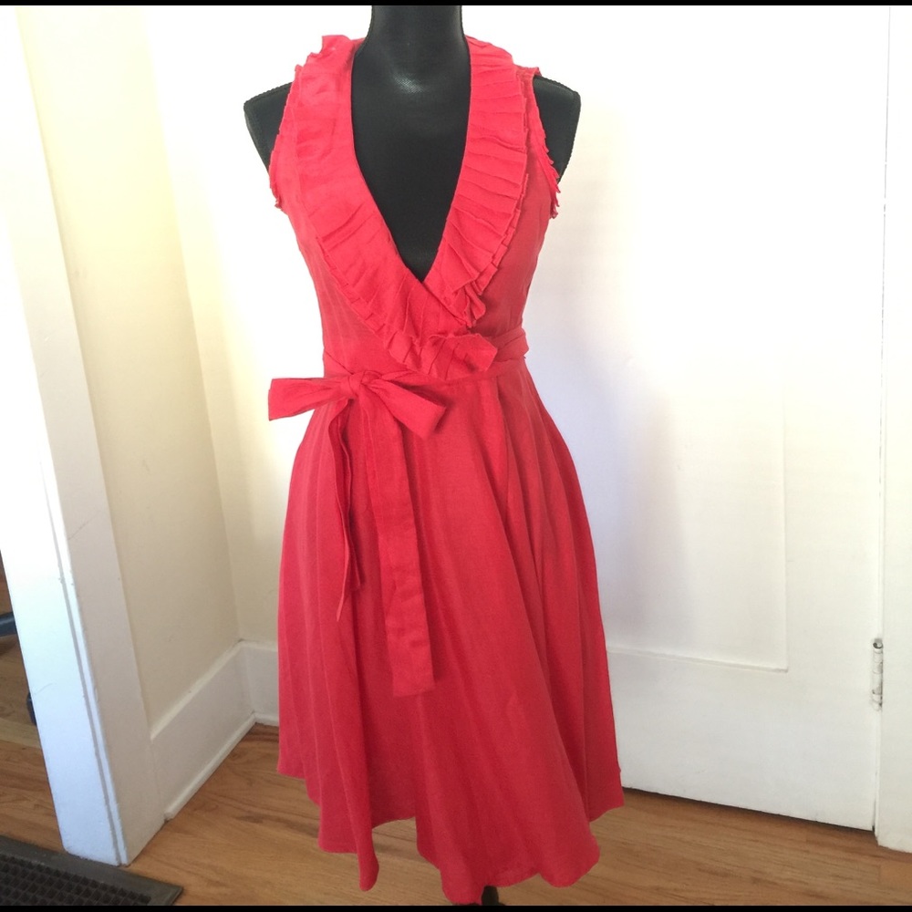 Zara Coral Ruffled Sleeveless Linen Wrap Dress